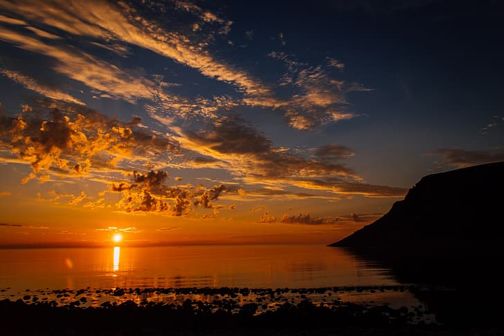 laut, langit, matahari terbenam, pantai, Norwegia, Kepulauan Lofoten, Laut Norwegia, Lofoten, Laut Norwegia, Wallpaper HD, Wallpaper HD