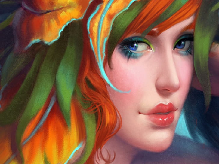 S P L E N D O R, woman with orange hair covered with leaves painting, lovely, lashes, bright, beautiful, girls, hair, bright colorful, women, colorful, splendor, HD wallpaper