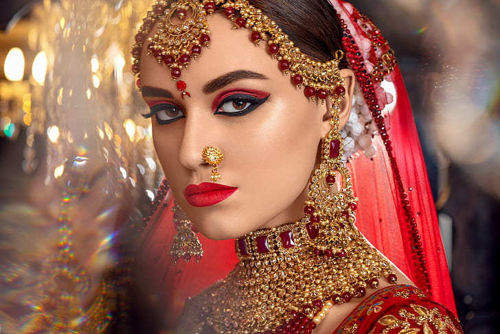 Модели, модель, карие глаза, серьги, лицо, девушка, индеец, ювелирные изделия, помада, макияж, ожерелье, взгляд, женщина, HD обои