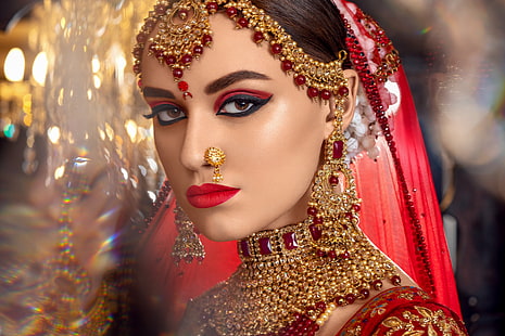 Modelli, modello, occhi marroni, orni, viso, ragazza, indiano, gioielli, rossetto, trucco, collana, stare, donna, Sfondo HD HD wallpaper