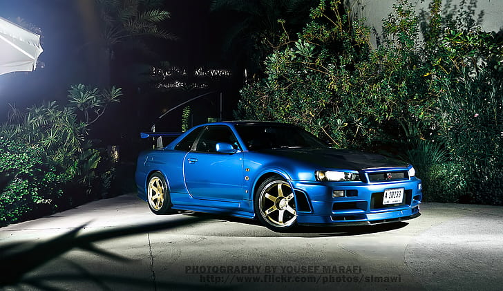 nissan skyline gt r r34 nissan car blue cars night vehicle, HD wallpaper