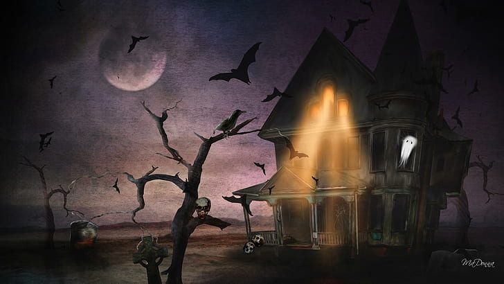 Halloween Haunting, firefox persona, full moon, haunted house, gothic, skulls, october, halloween, goth, trees, ghosts, HD wallpaper