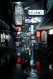 cidade, 3D, Japão, texto, bicicleta, estrada, molhado, exibição de retrato, noite, luzes da cidade, rua, HD papel de parede HD wallpaper