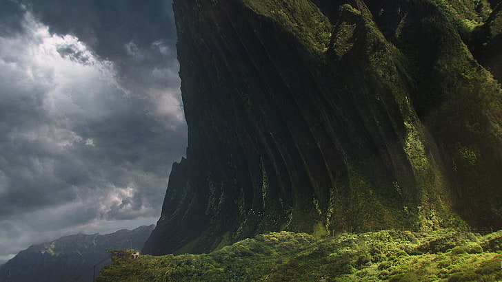 formation rocheuse brune et verte, Jurassic Park, paysage, peinture mate, Fond d'écran HD