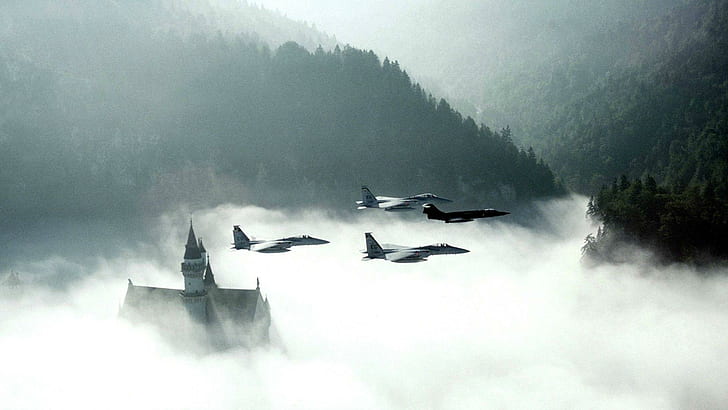 Fighter Planes Over German Castle In Fog, 4 black fighting jets, planes, castle, valley, mountains, aircraft planes, HD wallpaper