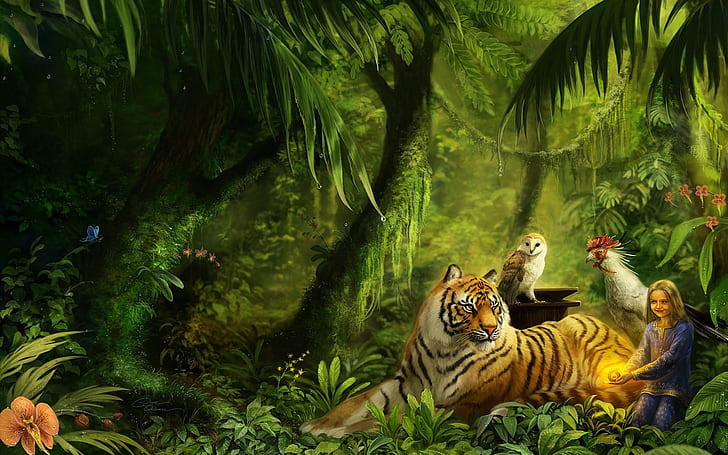 Artistic, Fantasy, Bird, Child, Forest, Girl, Jungle, Lion, Little Girl, Owl, Rainforest, Tiger, Tree, Wood, HD wallpaper