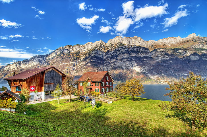 two brown wooden cabins, mountains, river, hdr, Switzerland, the cabin in the mountains, ultra hd, Runner mountain, Näfels, Large Güslen, HD wallpaper