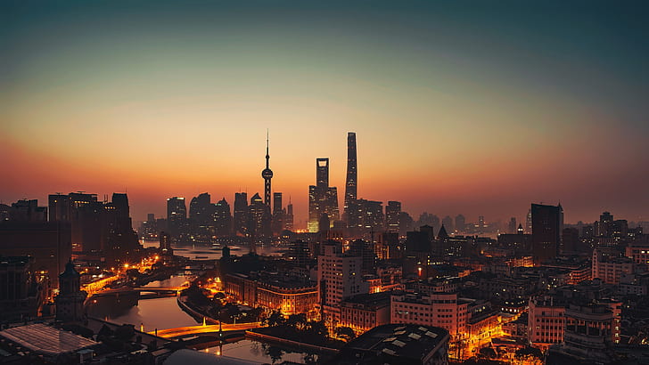 city, lights, China, Shanghai, twilight, river, sky, sea, sunset, water, night, evening, bridges, buildings, architecture, skyscrapers, bay, cityscape, HD wallpaper