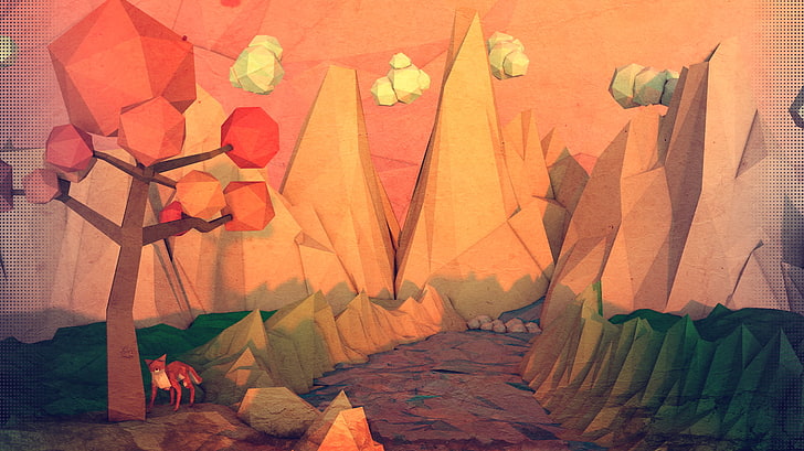 Berg und Bäume malen, Fuchs, Minimalismus, 3D, Low Poly, HD-Hintergrundbild