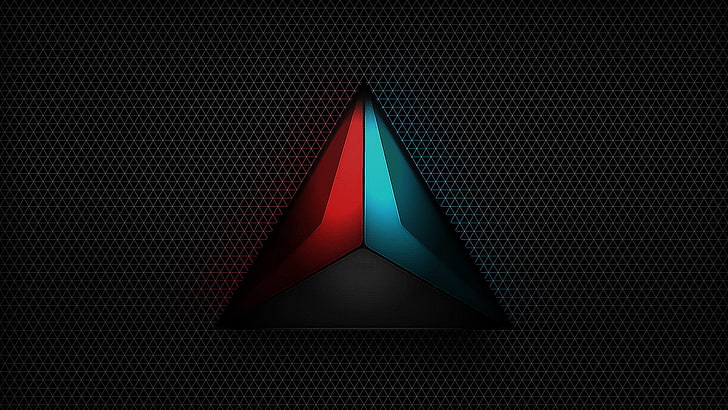tapeta z czerwonym i niebieskim trójkątem, logo, szara, minimalizm, wzór, trójkąt, ciemna, czerwona, turkusowa, czarna, Tapety HD