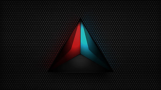 wallpaper segitiga merah dan biru, logo, abu-abu, minimalis, pola, segitiga, gelap, merah, pirus, hitam, Wallpaper HD HD wallpaper