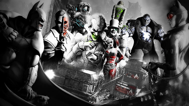 DC characters wallpaper, Batman, Joker, video games, Batman: Arkham City, Rocksteady Studios, Robin (character), Catwoman, Mr. Freeze, The Riddler, Two-Face, HD wallpaper