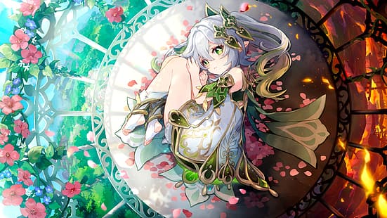 Genshin Impact งานศิลปะ Nahida (Genshin Impact) สาวอะนิเมะ ผมขาว หางม้า แต่งตัว ดอกไม้ กรง ตาสีเขียว, วอลล์เปเปอร์ HD HD wallpaper