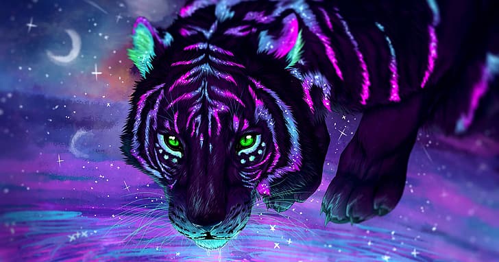 African, tiger, animals, head, sky, space, illustration, decoration, sunset, landscape, symmetry, lights, dark, night, modern, Mystery, fractal, nature, colorful, glowing, Wildcats, concept art, HD wallpaper