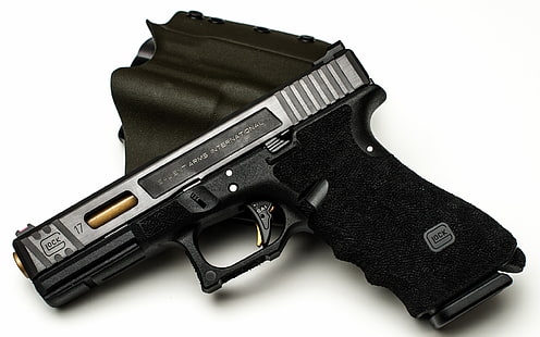مسدس نصف أوتوماتيكي باللونين الرمادي والأسود مع علبة سوداء ومسدس وأسلحة وجلوك، خلفية HD HD wallpaper