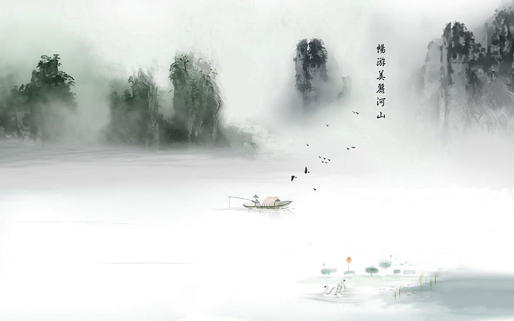 Mann auf Boot Angeln am See in der Nähe von Bergen malen, chinesische klassische, Fantasy-Kunst, Kunstwerk, HD-Hintergrundbild