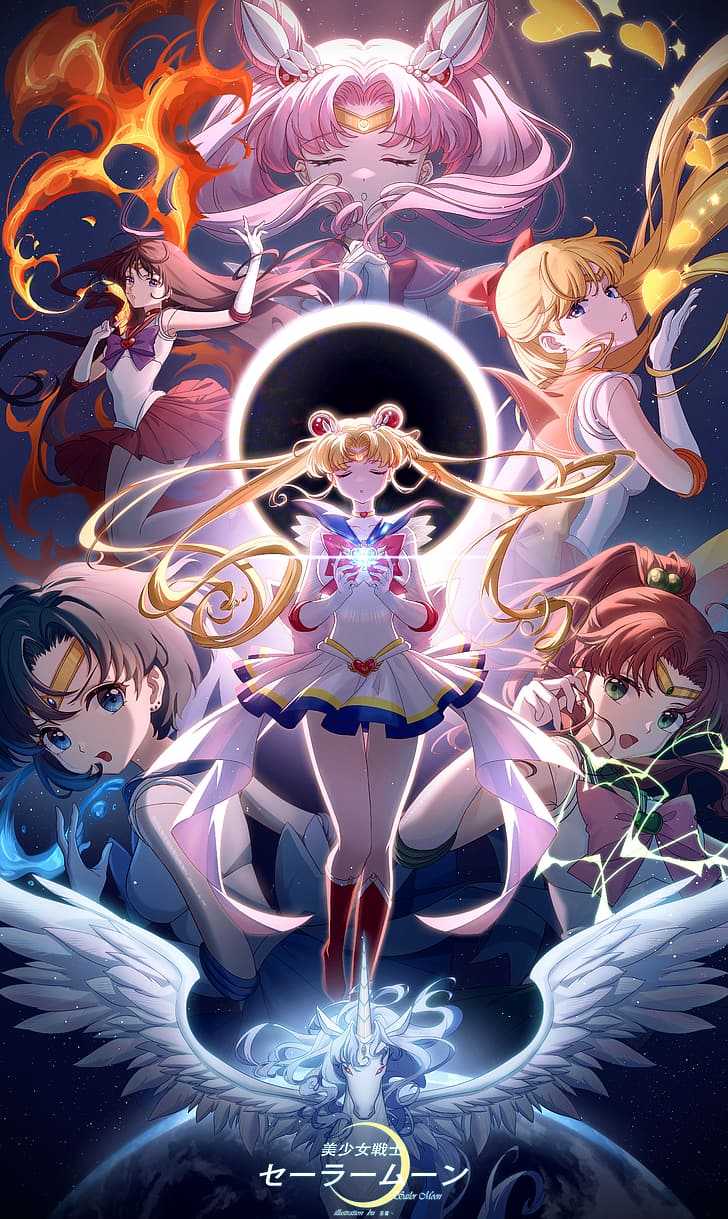 Sailor Moon, magiczne dziewczyny, pokaz portretów, długie włosy, dziewczyny z anime, Tsukino Usagi, Sailor Moon (postać), Sailor Mercury, Rei Hino, Sailor Mars, Mizuno Ami, Kino Makoto, Chibi-Usagi, Aino Minako, Sailor Venus, Sailor Jowisz, skrzydła anioła, grupa kobiet, Japonka, buty na wysokim obcasie, rękawiczki, Sailor Chibi Moon, magia, patrzenie na widza, diadem, ozdoba do włosów, choker, So Tsubasa, spódniczka mini, Tapety HD, tapety na telefon