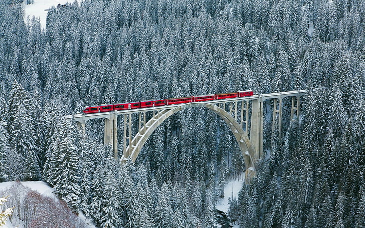 поезд, зима, холодно, Швейцария, пейзаж, мост, лес, деревья, река, снег, природа, HD обои