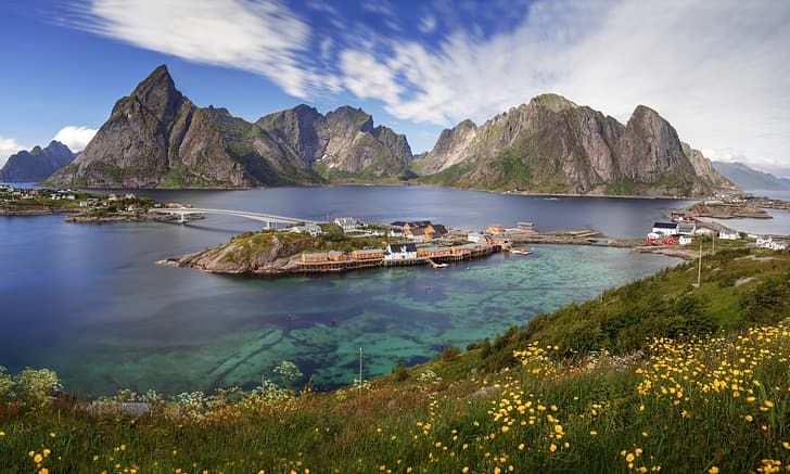 sea, landscape, mountains, rocks, coast, home, village, Norway, The Lofoten Islands, Islands, Lofoten, Sergey Zalivin, HD wallpaper