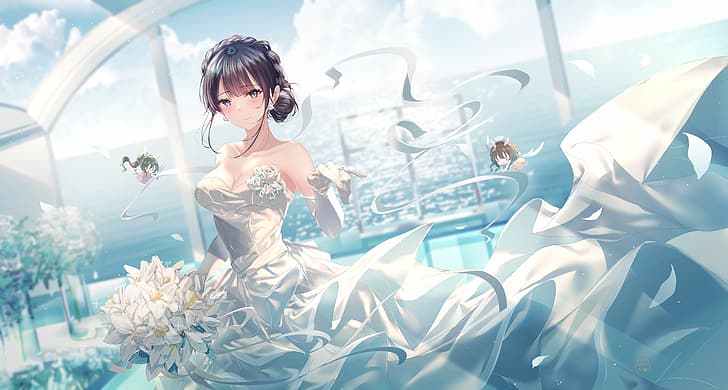 meninas anime, vestido branco, noivas, Shouko Makinohara, vestido de noiva, HD papel de parede