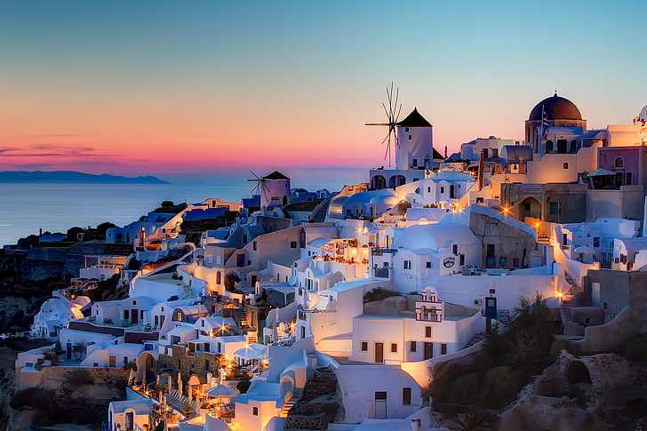 edifici in cemento bianco, tramonto, casa, Santorini, Grecia, Oia, Notio Aigaio, fotografia szeke, Sfondo HD