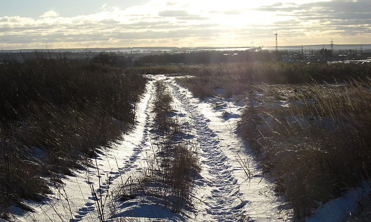 Russia, winter, snow, road, path, dirt road, HD wallpaper