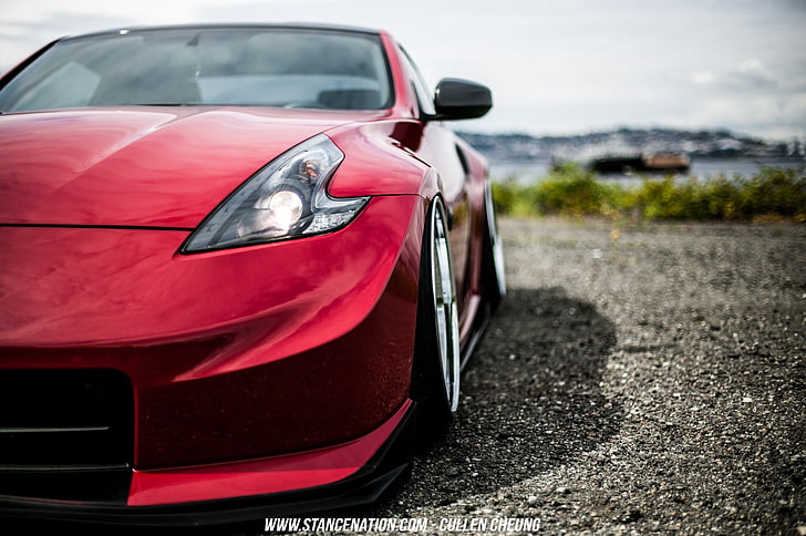 red car, Nissan, Stance, Stanceworks, StanceNation, tuning, red cars, car, vehicle, 370Z, HD wallpaper