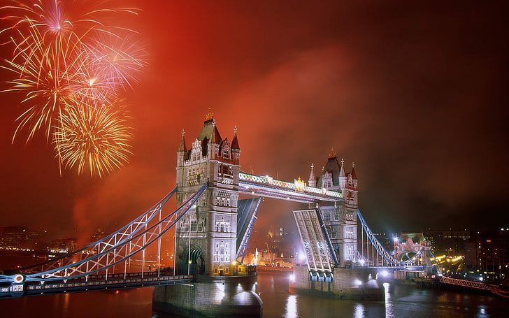 Tower Bridge, London, england, sky, bridge, red, fireworks, HD wallpaper