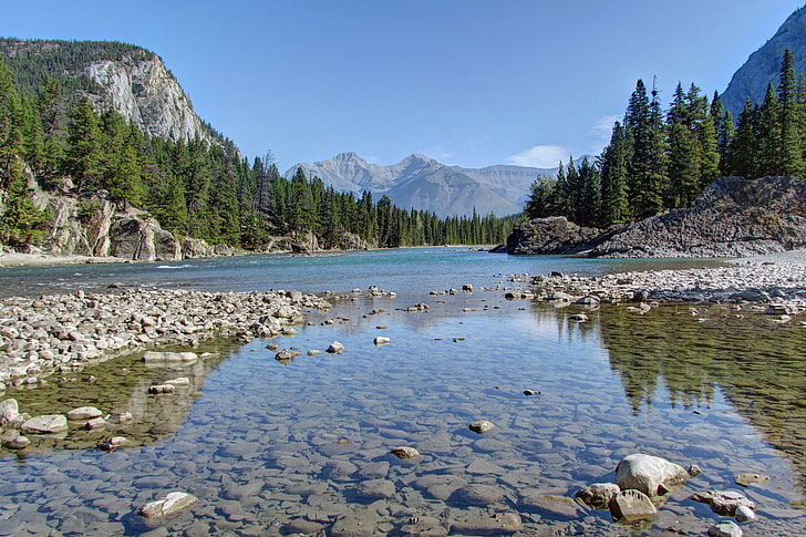 calm body of water, forest, mountains, stones, valley, Canada, Albert, Banff National Park, Alberta, Banff, the bow river, Bow River, Bow Valley, HD wallpaper