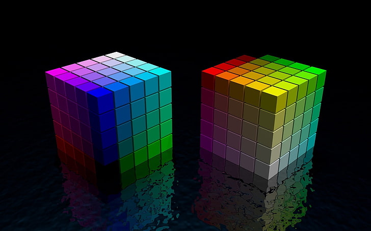 zwei Rubik's Cubes, Würfel, Würfel, bunt, hell, schwarz, Raum, HD-Hintergrundbild