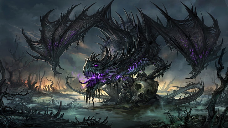 pintura de dragão preto, papel de parede digital de dragão preto e roxo, dragão, criatura, obra de arte, morte, arte da fantasia, HD papel de parede