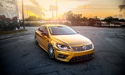sedán Volkswagen dorado, Volkswagen, Passat CC, R-Line, automóvil, vehículo, Fondo de pantalla HD HD wallpaper