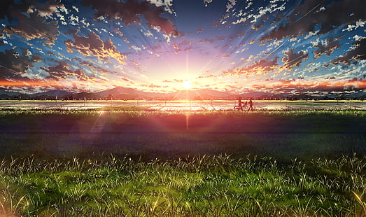 anime, nubes, puesta de sol, obras de arte, chicas anime, paisaje, Fondo de pantalla HD HD wallpaper
