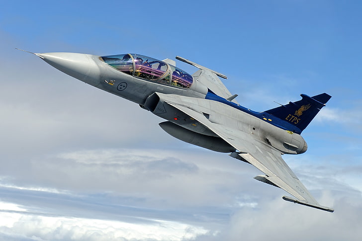 синьо-бял изтребител, самолет, военен самолет, JAS-39 Gripen, шведски ВВС, шведски, реактивен изтребител, самолет, HD тапет