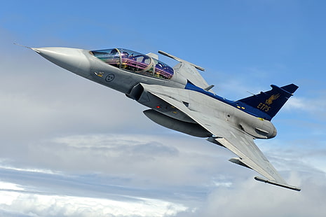 mavi ve beyaz savaş uçağı, uçak, askeri uçak, JAS-39 Gripen, İsveç Hava Kuvvetleri, İsveççe, jet avcı uçağı, uçak, HD masaüstü duvar kağıdı HD wallpaper