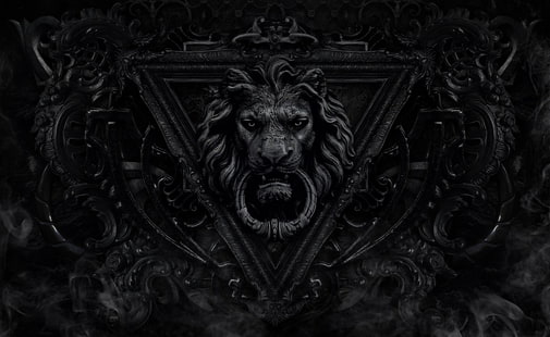 Dunkler gotischer Löwe, graue Löwetürklopfergrafik, Schwarzweiss, HD-Hintergrundbild HD wallpaper