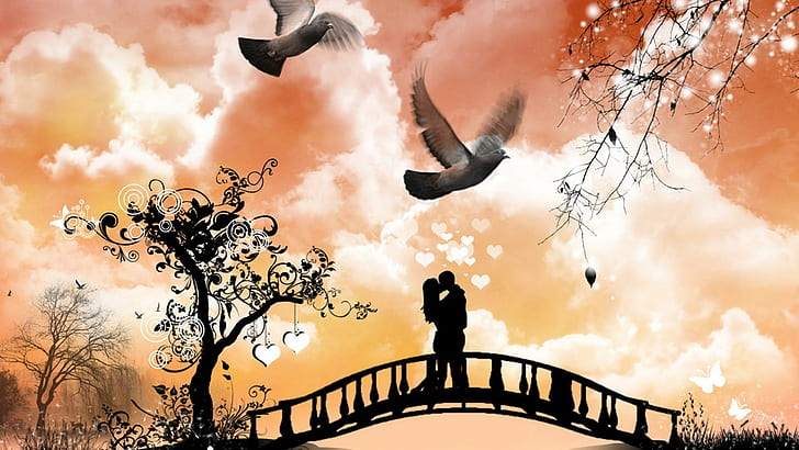 Bridge To Love, silhouette man and woman on bridge, spring, lovers, valentines day, abstract, grass, birds, tree, couple, glow, stars, bridge, s lo, HD wallpaper