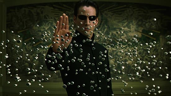 The Matrix Reloaded, Neo, Keanu Reeves, film, fotogrammi, proiettili, occhiali da sole, Sfondo HD HD wallpaper