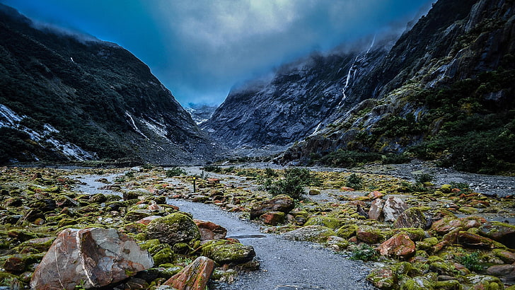 Nya Zeeland, molnigt, landskap, glaciär, fjord, stenar, sten, berg, himmel, ström, stenig, dal, moln, bergskedja, bergslandskap, HD tapet