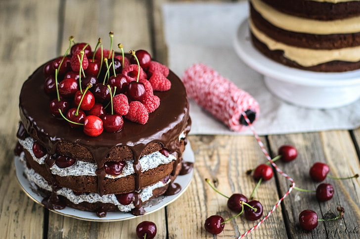 Food, Cake, Cherry, Chocolate, Fruit, Pastry, Raspberry, HD wallpaper