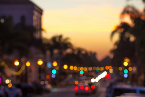 flou des lumières de la ville dans la rue, flou, lumières de la ville, rue, Californie, USA, États-Unis d'Amérique, comté de Ventura, coucher de soleil, défocalisé, nuit, résumé, trafic, scène urbaine, paysage urbain, ville, arrière-plans, Fond d'écran HD HD wallpaper