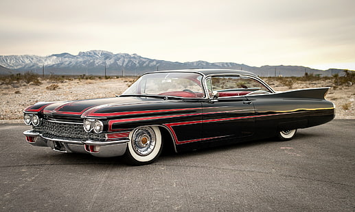 clásico coupé rojo y negro, retro, Cadillac, 1960, clásico, el frente, Fondo de pantalla HD HD wallpaper