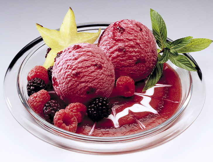 strawberry ice cream, ice cream, berries, raspberries, blackberries, HD wallpaper