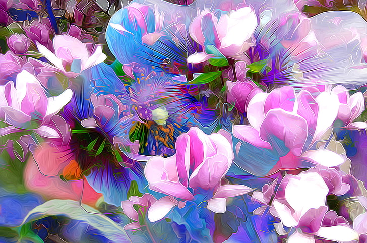 white, blue, and pink petaled flowers, line, flowers, abstraction, paint, petals, touch, HD wallpaper