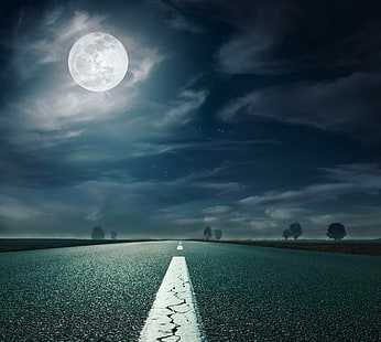 пейзаж природа магистрала път луна дървета лунна светлина асфалт нощ облаци небе празно, HD тапет HD wallpaper