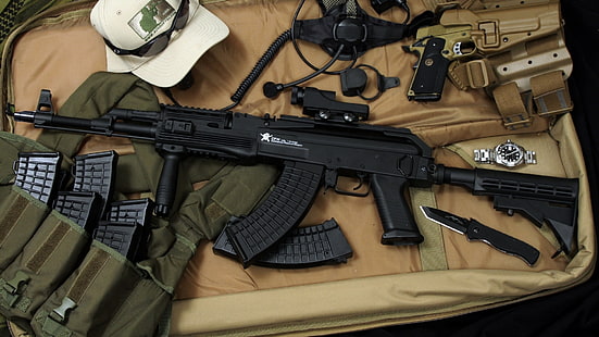fucile d'assalto softair nero, pistola, nero, orologio, negozi, Kalash, Kalashnikov, ammodernamento, munizioni, Sfondo HD HD wallpaper