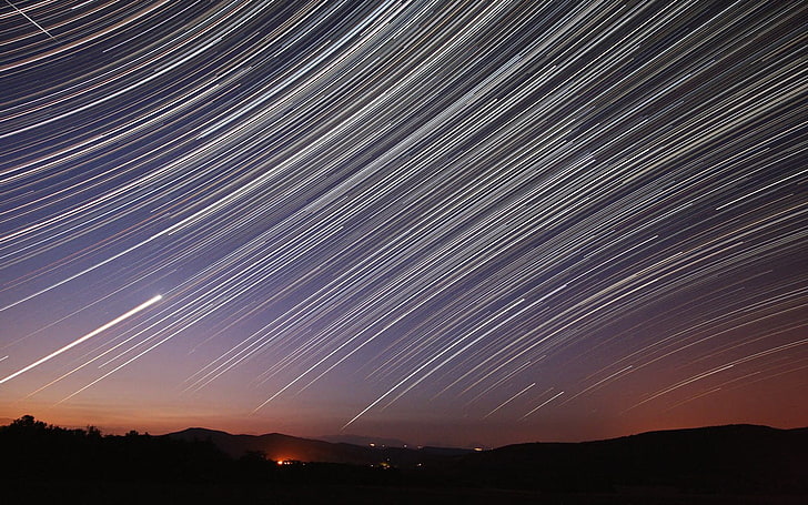 star trails, long exposure, sky, night, HD wallpaper