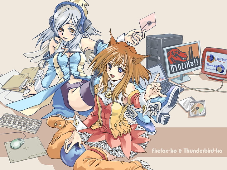 Anime, Computer, FireFox, Girl, Mozilla, OS-tan, Technology, Thunderbird-Ko, Thunderbird-Tan, Woman, HD wallpaper