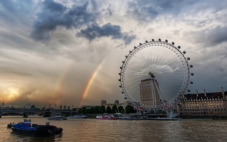 London Eye, tamisa, photo, rainbow, clouds, river, HD wallpaper