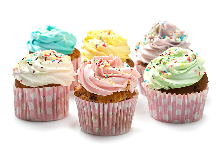 six cupcakes, food, sweets, cream, dessert, cakes, cupcakes, topping, HD wallpaper